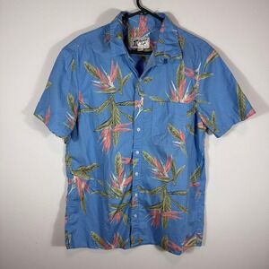 American Eagle Mens L Tall Blue Bird of Paradise Floral Short Sleeve Button Down